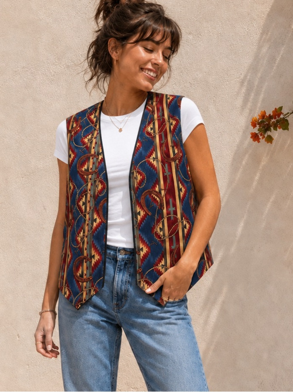 Handmade Western Southwestern Horseshoe Rope Print Vest